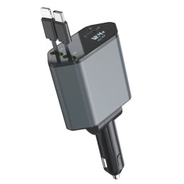 4-in-1 digital display car charger with retractable cable