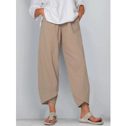 Cotton and linen elastic waist wide leg pants