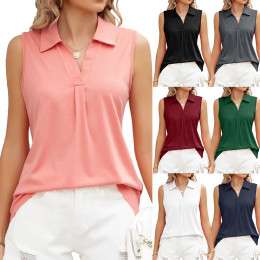 Solid Color Lapel Sleeveless Loose T-Shirt