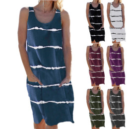 Women's Round Neck Stripe Print Pocket Vest Dress