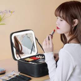 Lamped makeup case with mirror