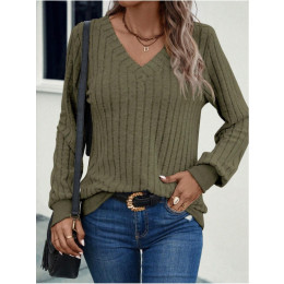Women's V-neck solid color top with long sleeves