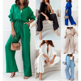 Women's long sleeve shirt wide leg pants suit