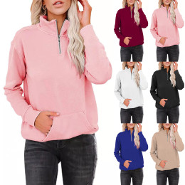 Solid Color Zipper Stand Collar Long Sleeve Sweatshirt