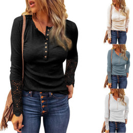 Women's round neck stitching lace sleeve loose solid color long sleeve T-shirt
