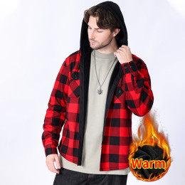 Men's casual fleece hooded plaid shirt