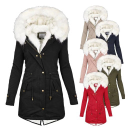 Women's autumn and winter mid-length white fur collar hooded warm coat