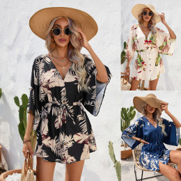 V-neck printed trumpet sleeve casual holiday dress