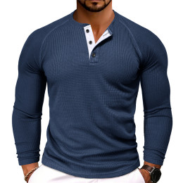 Men's Crew Neck Waffle Knit Long Sleeve Casual Base Layer T-Shirt