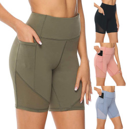 Women High Waist Pocket Sports Short Mesh Hollow Training Running Pants Fitness Shorts Belly Control Workout Gym Shorts