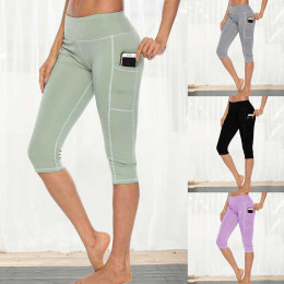 Sieving Women Workout Capri Pants Leggings Side Pocket High Waist Running Yoga Pants Slim Fitness Quick Dry Casual Elastic Leggings