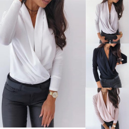 Female deep v-neck ruched blouse casual long sleeve solid ladies pullover blouses 