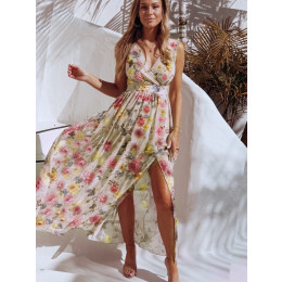 Women Print V Neck Split Maxi Sundress Floral Spaghetti Strap Chiffon Party Elegant Casual Beach Dresses