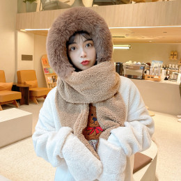 Three-in-One Faux Fur Hooded Scarf with Gloves
