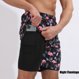Men's printed double layer swim trunks with zip pockets
