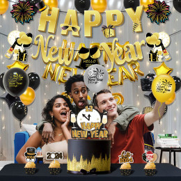Happy New Year 2024 banner decoration with black gold balloons