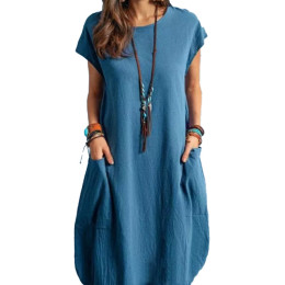 Cotton linen solid color pocket dress