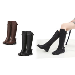 Women's Leather Buckle Knee High Riding Boots