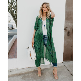 Chiffon Women Kimono Long Sleeve Beach Cardigan Ladies Dress Loose Leaf Pattern Tie Wrap Beachwear Long Dress