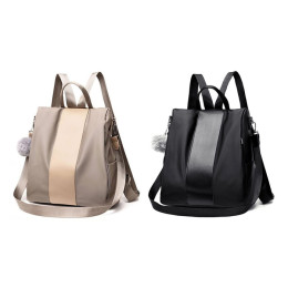 Ladies backpack with anti-theft device and pompon in Black or Khaki