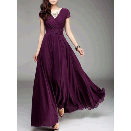  V-neck short-sleeved bohemian chiffon waist dress