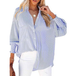 Womens Smocked Cuffed Striped Boyfriend Shirt