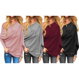 Womens  Off Shoulder Sweater Long Batwing Sleeves Solid Color Ribbed Knitted Pullover