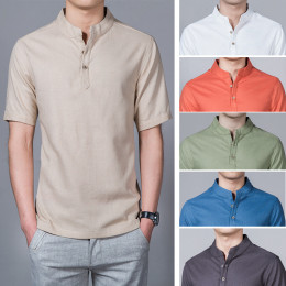 Men Casual Cotton Linen Shirt  Short Sleeve T shirt