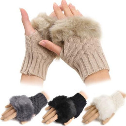 Cute Girl Warm Fingerless Patchwork Faux Rabbit Fur Knitted Wrist Gloves Mittens