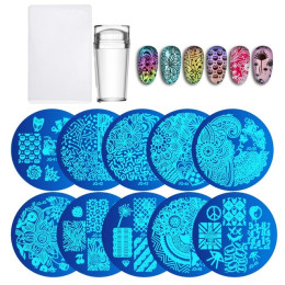 10Pcs Nail Plates + Clear Jelly Silicone Nail Art Stamper 