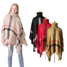 Women's Plaid High Collar Knitted Sweater Poncho