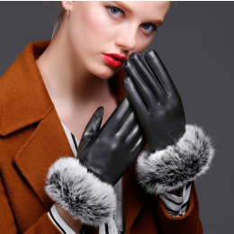 Women PU Leather Winter Rabbit fur Warm Gloves