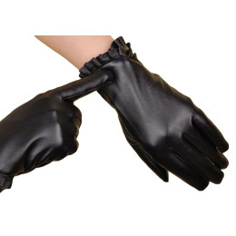 Women Touch Screen PU Leather Gloves Lace Winter Gloves