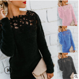 Women Off Shoulder Lace Patchwork Long Sleeve Sweaters Tops